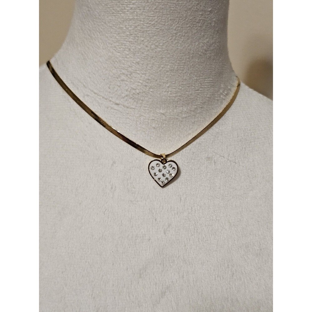 NWT Gold Stainless Steel Herringbone Rhinestone Heart Necklace Womens